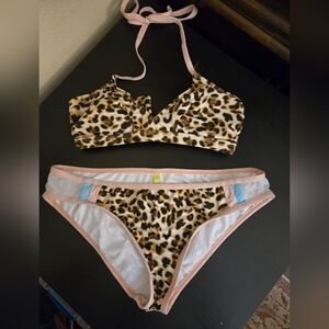 Gianni Bini Bikini Set with Leopard Print and Pink Trim- Top Small, Bottom Large